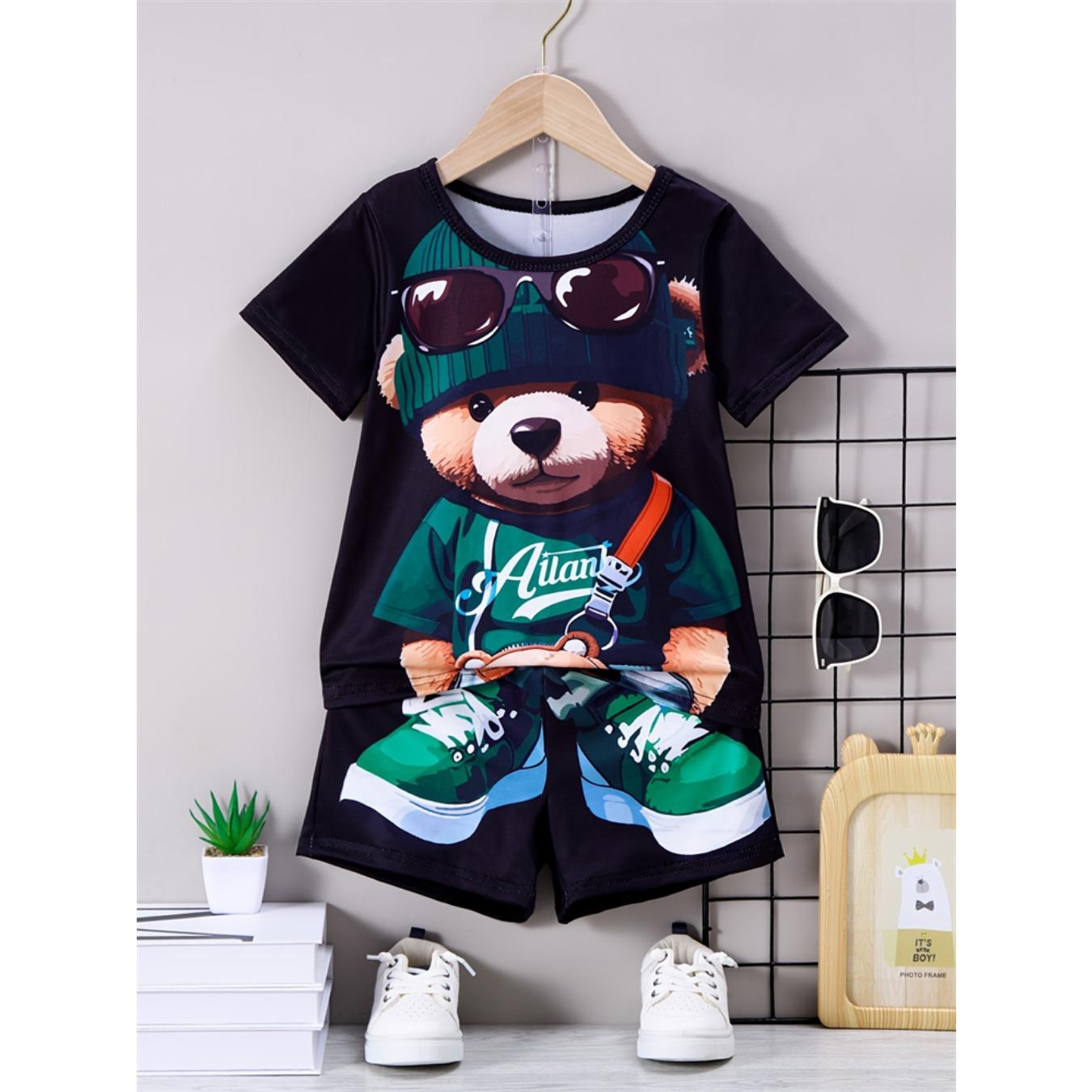 

Лето 2025 Новинка Повседневный Комплект из двух предметов с коротким рукавом и свободного кроя для мужчин с принтом забавного узора Уличная мода 13-14Y