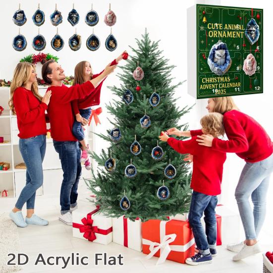 Christmas Geode Animal Advent Calendar 2025 2D Acrylic Forest Animals Xmas Tree Ornaments 12 Days Countdown Calendar for Holiday Decor