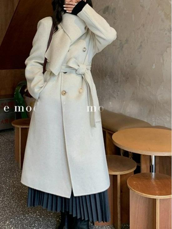 **Pusu Double-Faced Wool Coat: Black, Waist-Cinching Scarf-Integrated Design for Women**