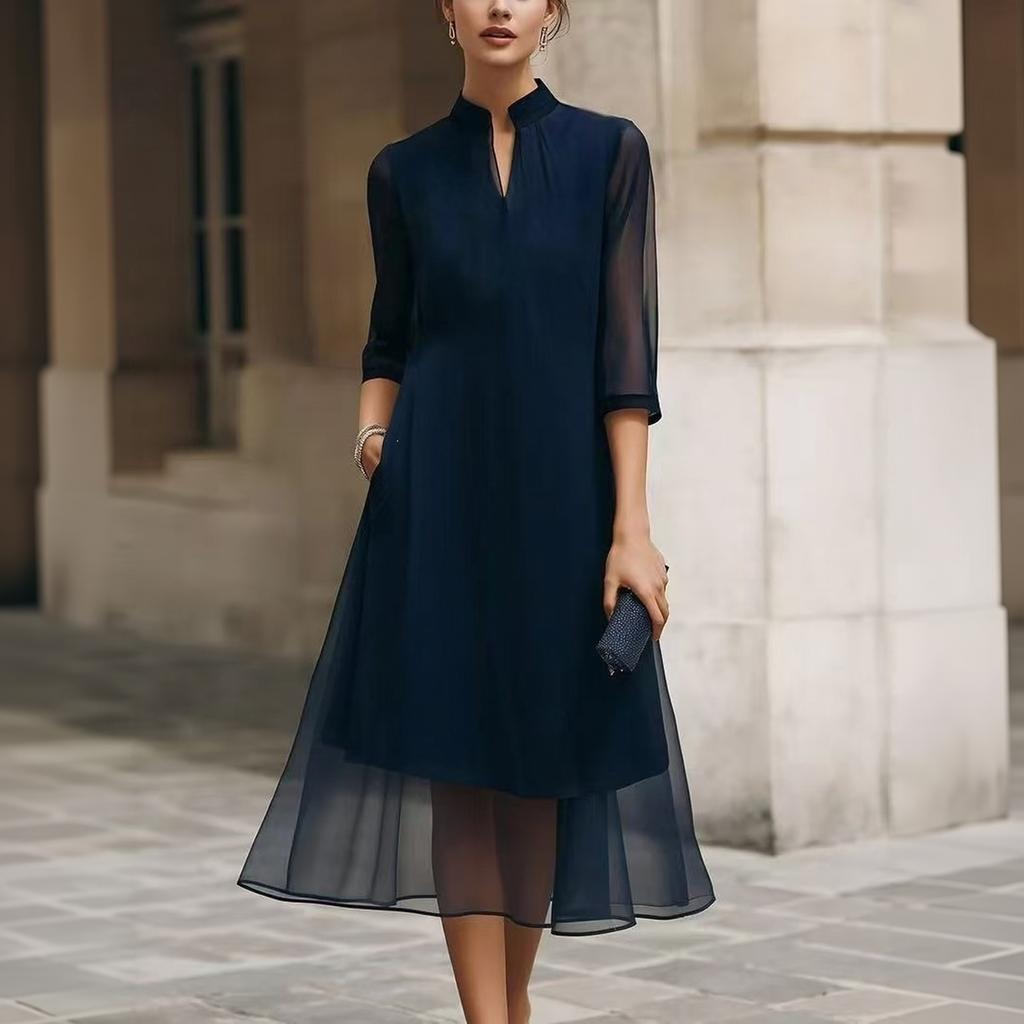 Women's Fashion Elegant Chiffon Dress with Inner Lining Flowy Midi Length Half Sleeve Casual Office Wear