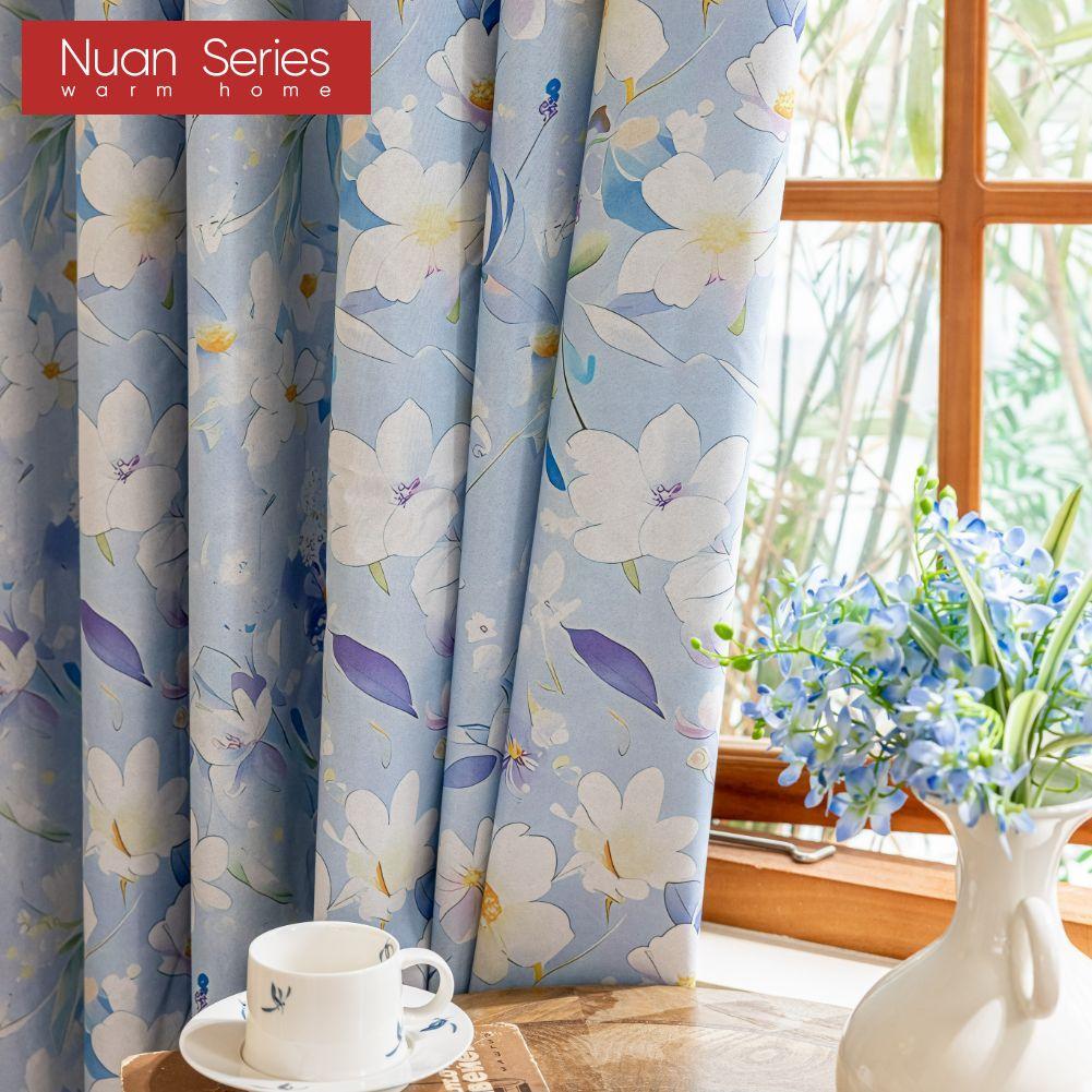 1PC Nuan Series Nordic Countryside Style Blue Printed Curtains with Full Blackout Curtains for Bedroom Living Room Balcony Window for Home Decor