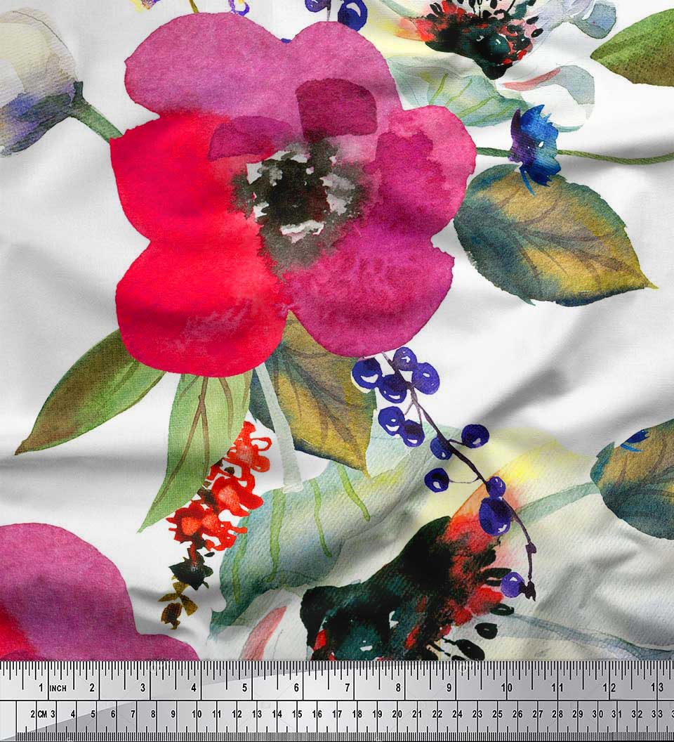 

Японська креп-атласна тканина Soimoi з принтом листя та квітів маку Тканина на метри 42 дюйми 42 Inch Wide - Poly Crepe білий