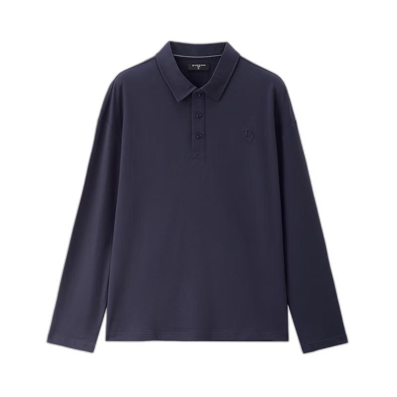 GIORDANO Мужская рубашка-поло с длинным рукавом, вышитая, из чистого хлопка XL