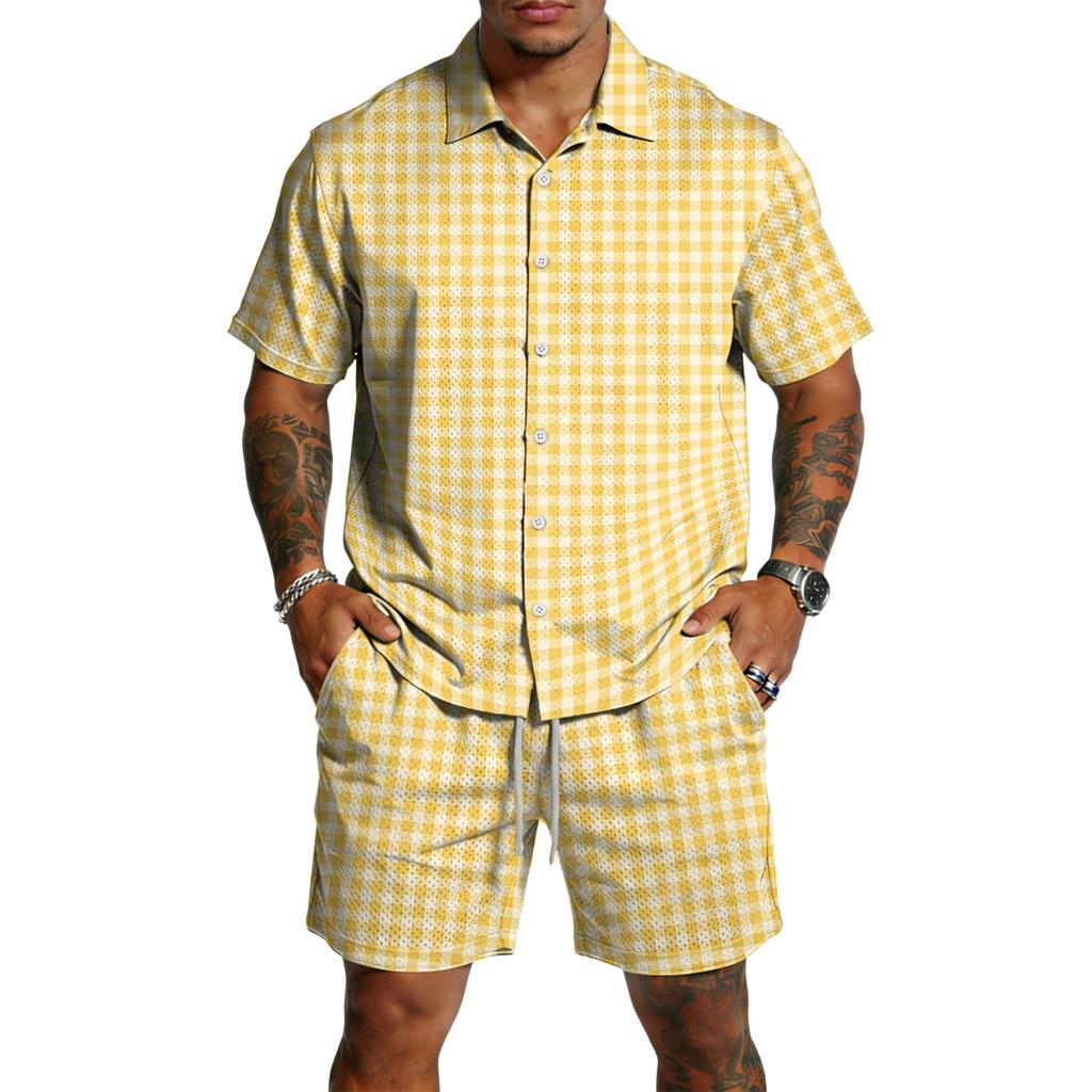 Men's Casual Two Piece Set Short Sleeve Button Down Shirt with Matching Shorts Lightweight Summer Outfit for Outdoor Activities