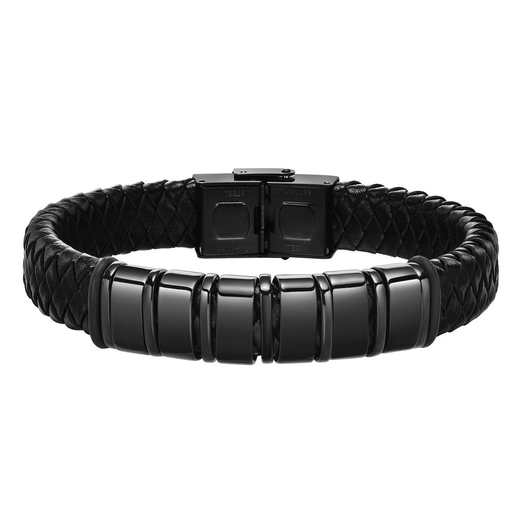 Custom Beaded Braided Bracelets For Men Leather Stainless Steel Black Silver Color Personalized Bangle Name Family Father Gift