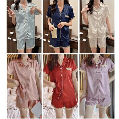 Kadın Pijama İpek Uyku Giyim Düğmeli Üstler ve Şortlar Pijama 2 Parça Takım Pijama Bayan Gecelik Yaz için Ev Giyim