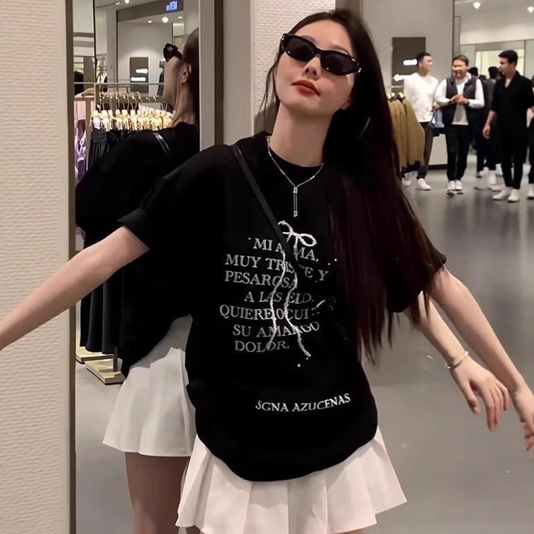 Damen Baumwoll T-Shirt im koreanischen Stil mit Buchstabenaufdruck, Kurzarm, lässig, figurbetont