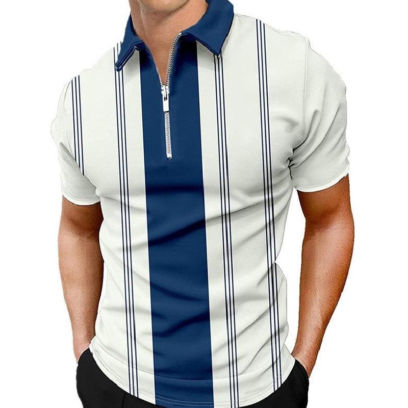 Summer Men's Casual Striped Houndstooth Digital Print T-Shirt Zipper Polo Shirt