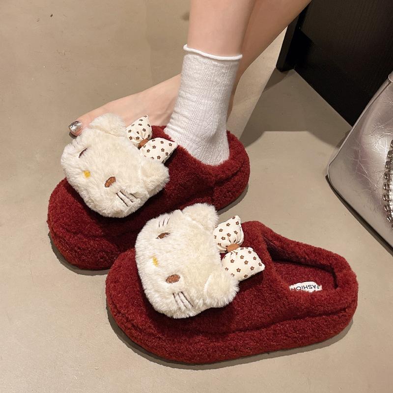 2025 autumn and winter solid color sweetheart bow kt cat hair slippers women's new cute cartoon outer cotton slippers