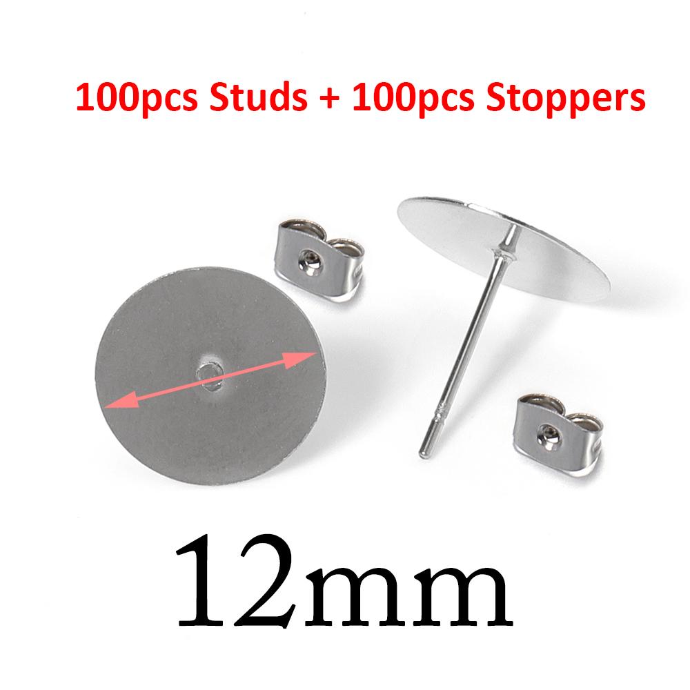 100pcs Gold Color 316L Stainless Steel Earring Studs DIY Ear Blank Post Pins 3-12mm Flat Round Tray Base Ear Jewelry Making DIY