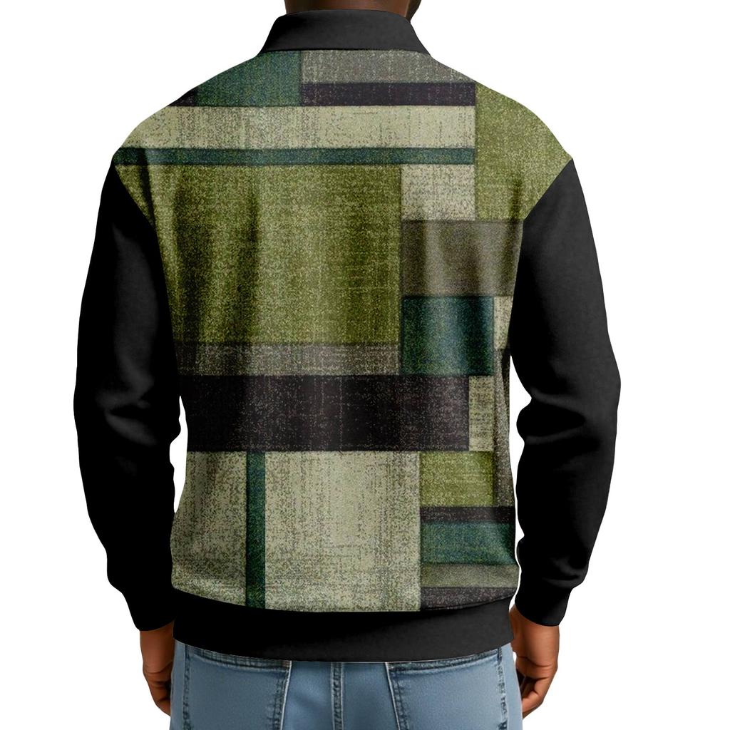 Męska codzienna luźna bluzka z blokami kolorów, z klapą zapinaną na guziki i długim rękawem