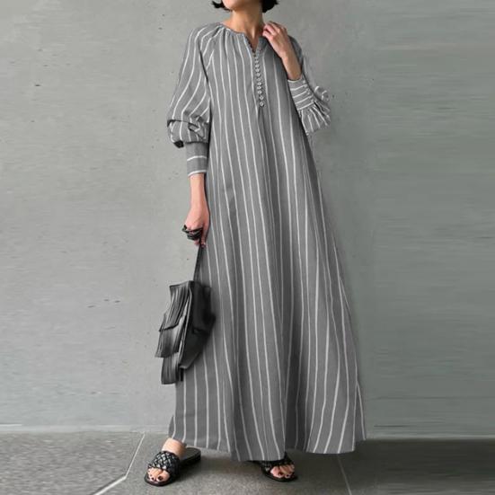 O-Neck Buttons Half Placket Baggy Dress Long Sleeves Pockets Ankle Length Women