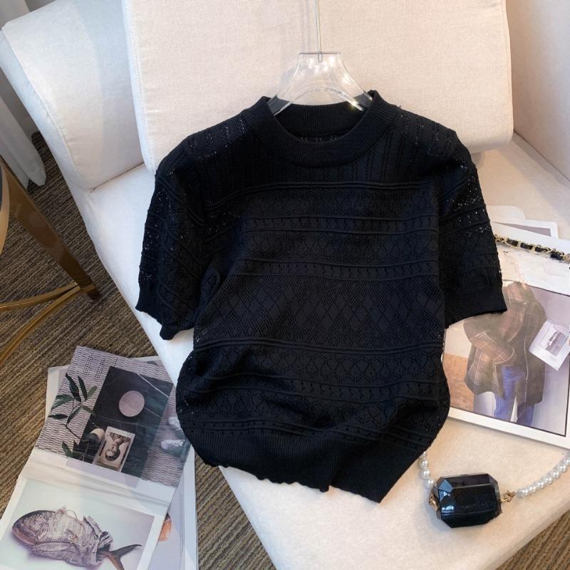 Summer Hollow Out Short Sleeve Knitted Casual T Shirts Women Temperament Chic O Neck Loose Women's T-shirt Tops Elegant Slim Fit Solid Lady Tee 26517