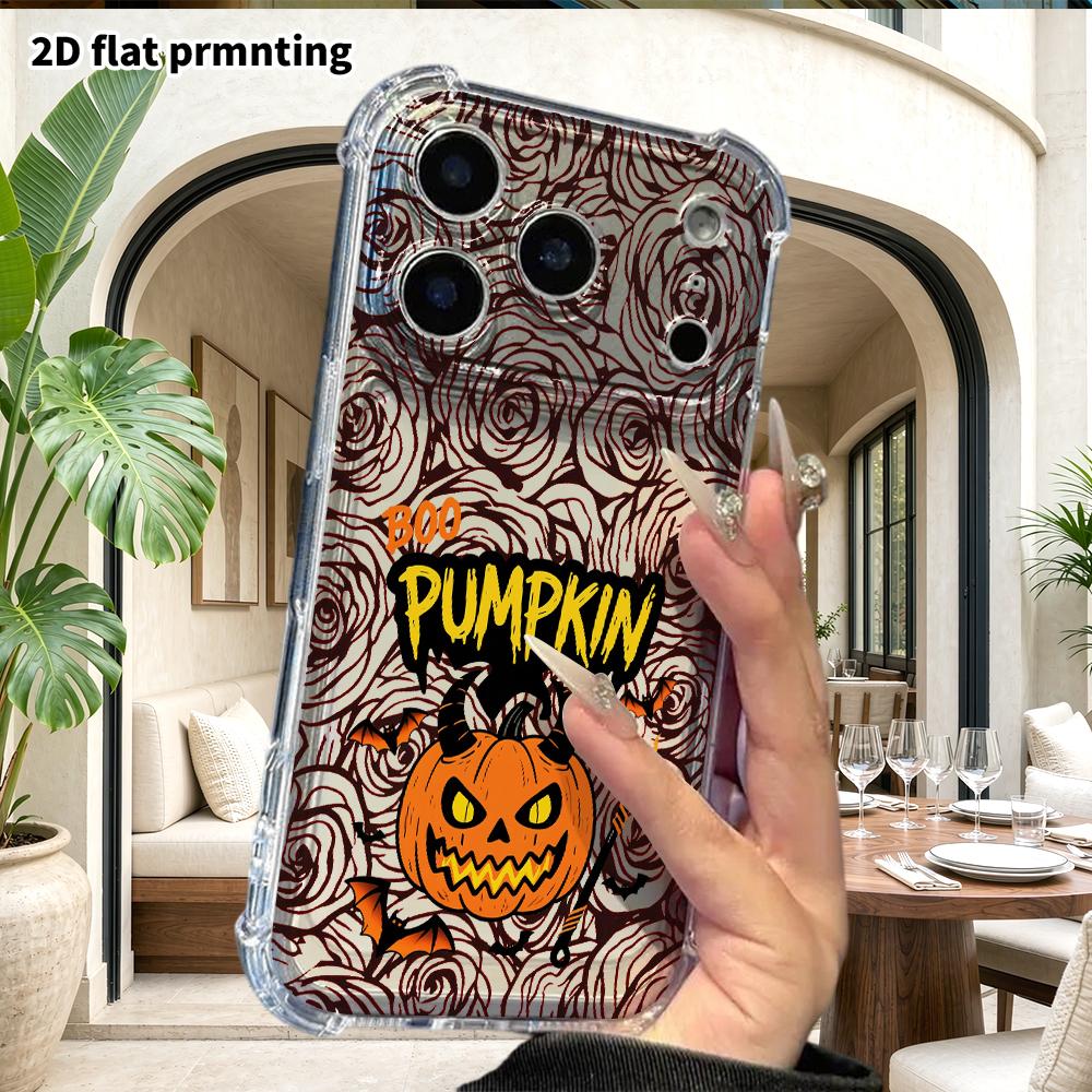 Phone case: 2D flat suitable for iPhone 18 17 16 15 14 13 Pro, transparent four corner protective case, pumpkin head, Christmas and Halloween gift