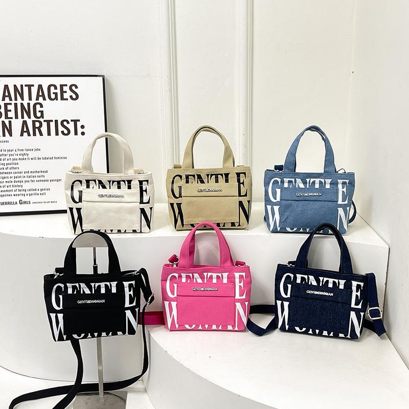 Hardware Mini Letter Printed Portable Canvas Bag Contrast Color Casual Shoulder Bag