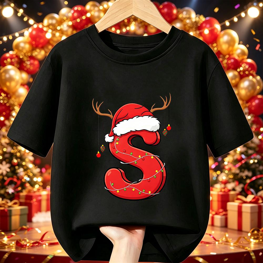 Cotton Kids Christmas T‑Shirt Cartoon Santa Antlers String Light A‑Z Print Short Sleeve O‑Neck X‑mas Party Tee Children Clothing