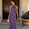Sommer Neues Spice Girl Enges Langes Kleid Hals Frei Schulterfrei Geblümtes Kleid Neckholder Geschlitztes Kleid