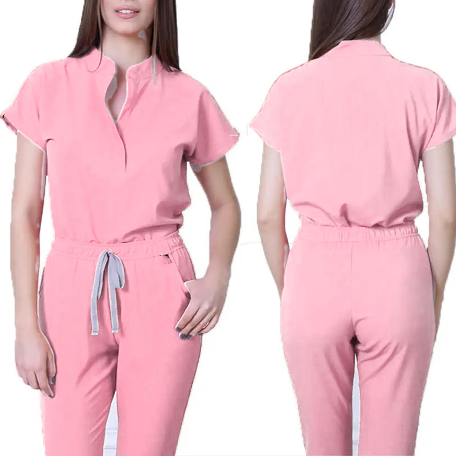 

Женская свободная и удобная рабочая одежда с V-образным вырезом и короткими рукавами, с несколькими карманами и комплектом костюма для красоты XL розовый