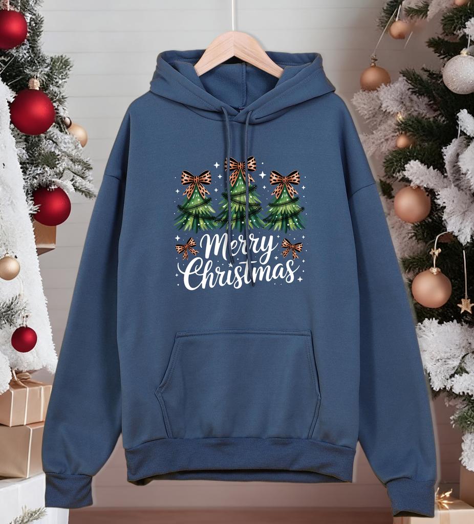 Merry Christmas Bow Trees Printing Hoodiy Men Loose Pocket Hoodies Casual All-Match Man Sportswear Fleece Fashion Pullovers