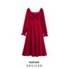 2025 Spring Women's European & American Fashion: Simple French Square Neck Long Sleeve Loose Dress