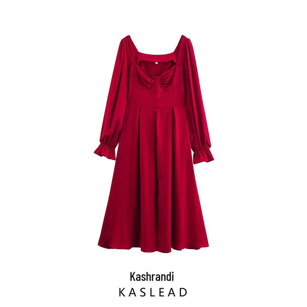 2025 Spring Women's European & American Fashion: Simple French Square Neck Long Sleeve Loose Dress