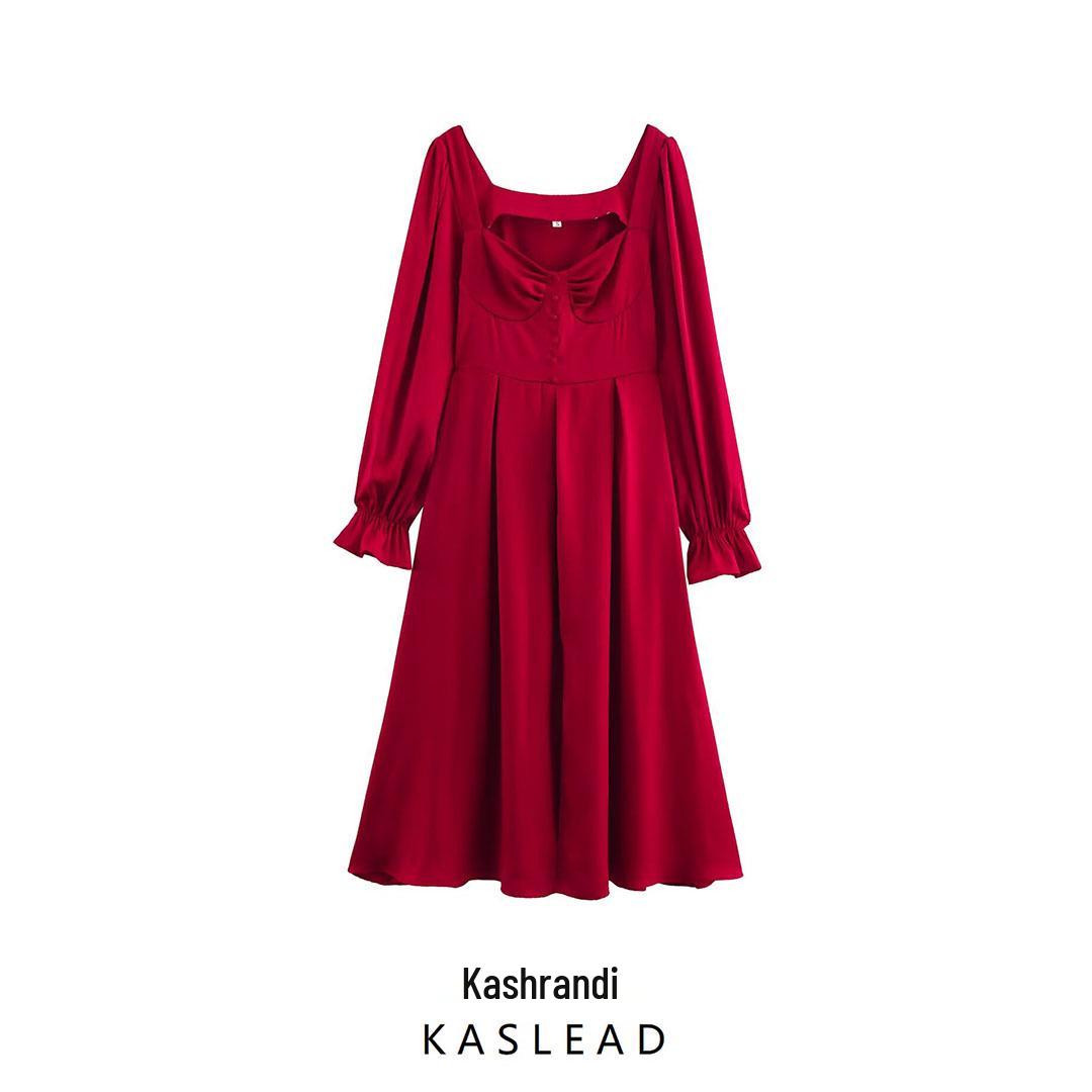 

2025 Spring Women s European & American Fashion: Simple French Square Neck Long Sleeve Loose Dress Small червоний