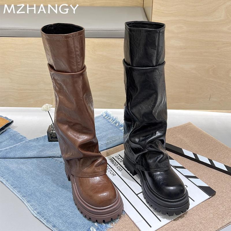Fashion Women Platform High Boots Leather Knee High Flats Shoes Woman 2025 Trend Winter Fashion Dress Goth Retro Motorcycle Boots Mujer