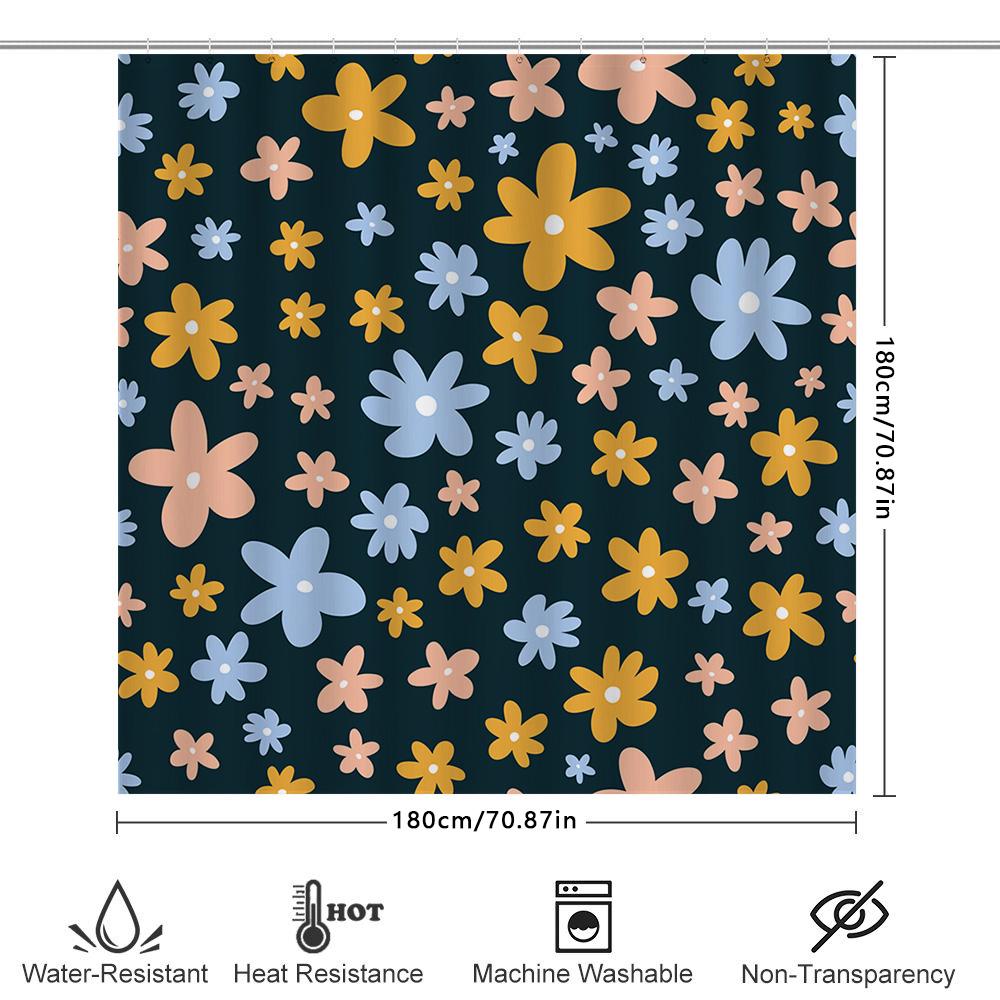 Beautiful Floral Shower Curtain Set Blue, Yellow Pink Flowers On Dark Green Background Perfect For Bathroom Decor!