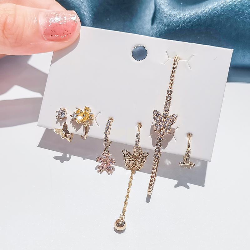 ANENJERY 6 pieces/set Butterfly Flower Hoop Earrings for Women Shiny Micro Zircon Ear Clip Earrings Set