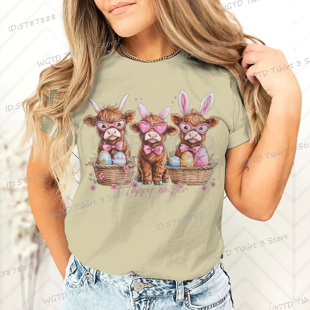 Happy Easter Day T-shirt Female Easter Cute Highland Cow Graphic T Shirts Women Cute Cow Gift for Women Retro Easter Vibes Shirt
