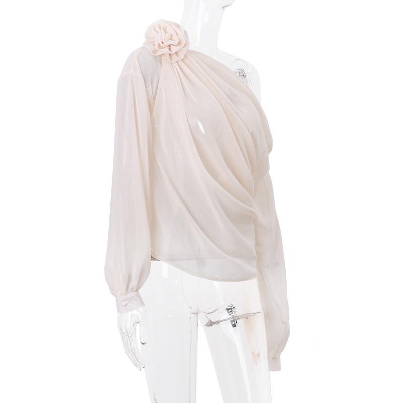 Trendy šifonový květinový síťovaný top s odhalenými rameny a dlouhým rukávem pro ženy