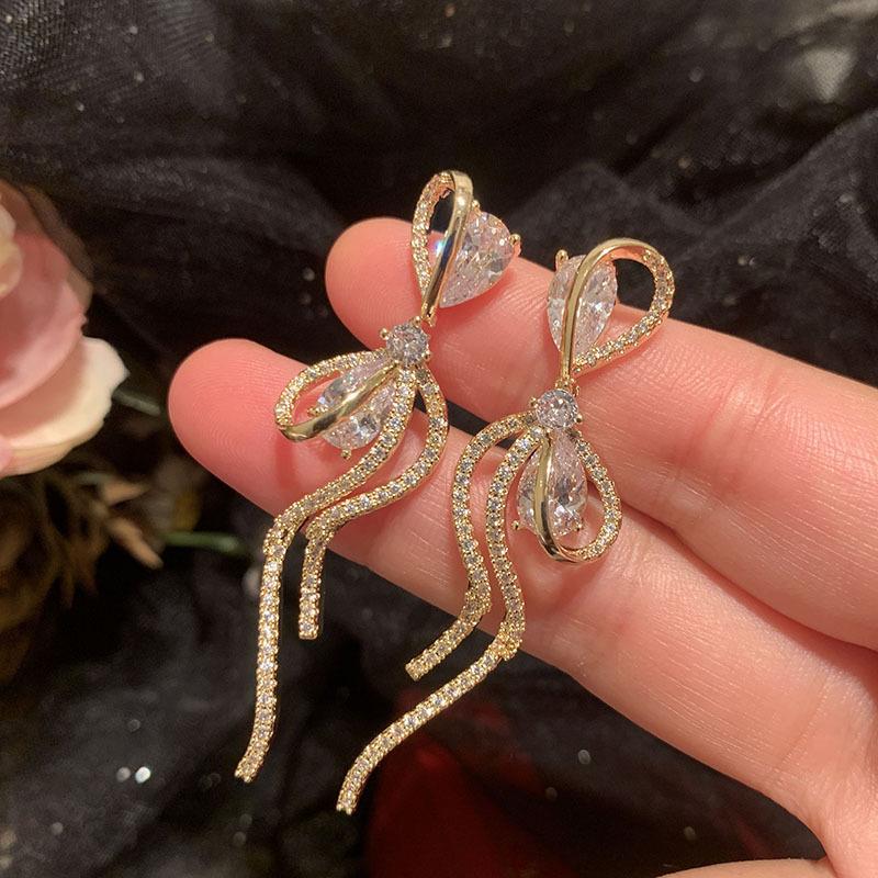 Zircon Bow Tassel Earrings Fashion Stud Earrings Light Luxury High Temperament Versatile Earrings