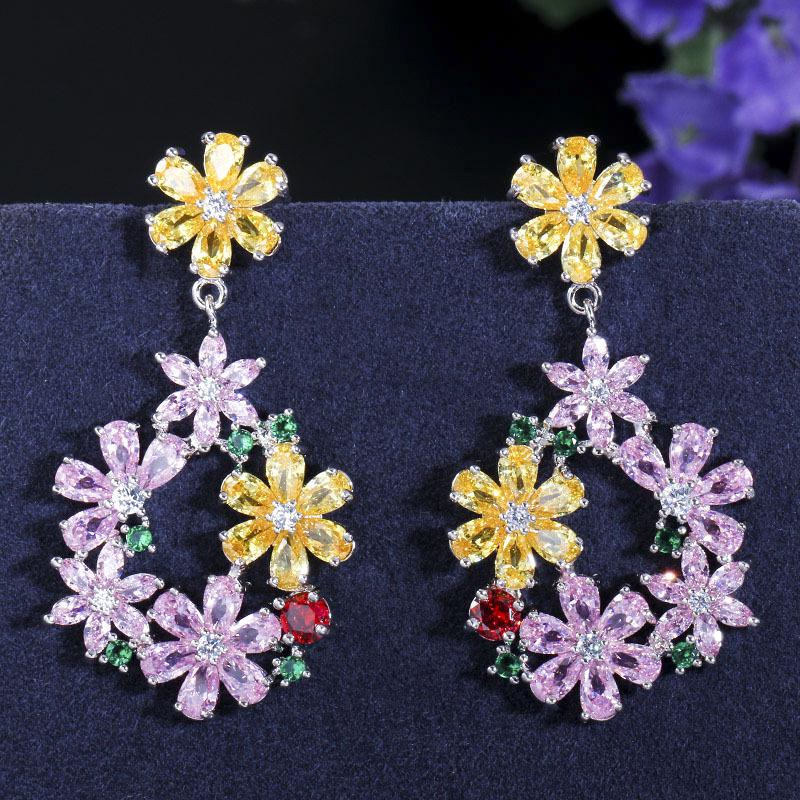Color Diamond Flower Cluster Earrings, Needle Zircon Garden Forest Series Super Fairy Temperament Earrings