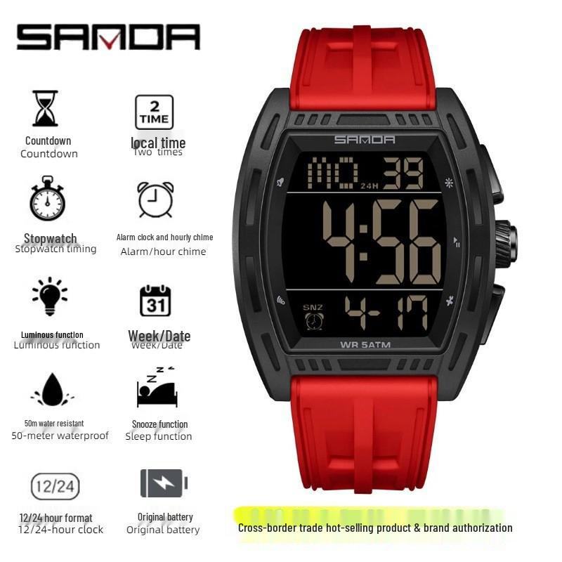 Sanda Men's Sports Watch - Luminous, 50M Waterproof, Electronic, Countdown Timer, Alarm, Calendar, Multifunction.