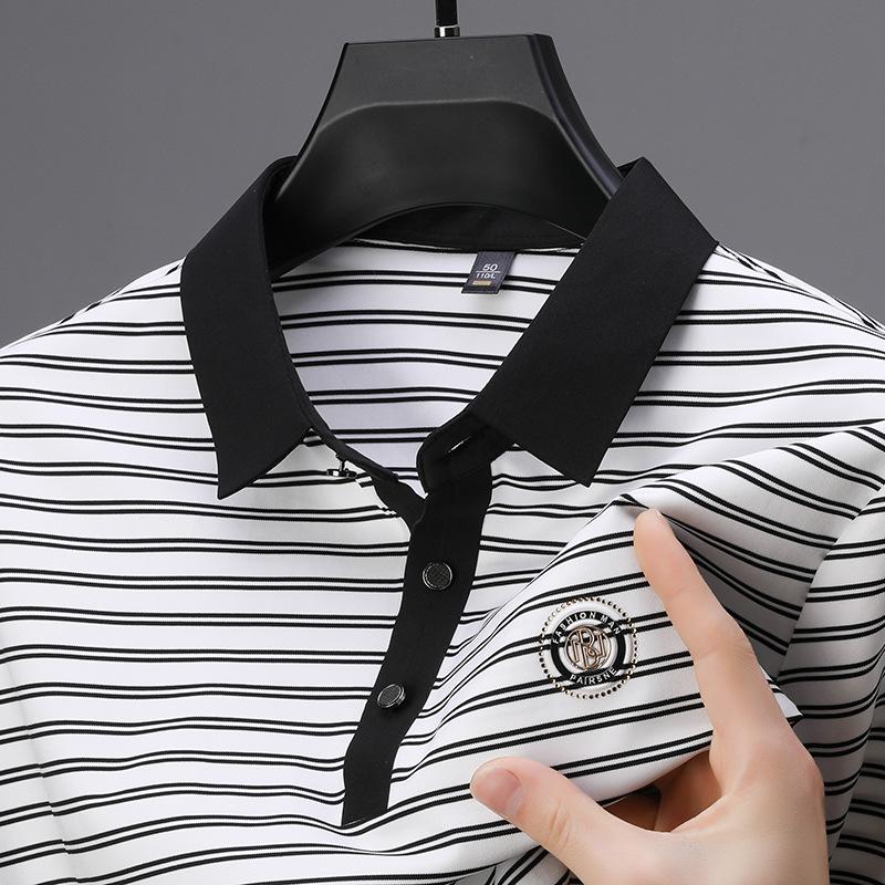 Polo Shirt Men'S Short-Sleeved Striped T-Shirt Thin Medium Men'S High-End Sense Seamless Lapel Half-Sleeved T-Shirt