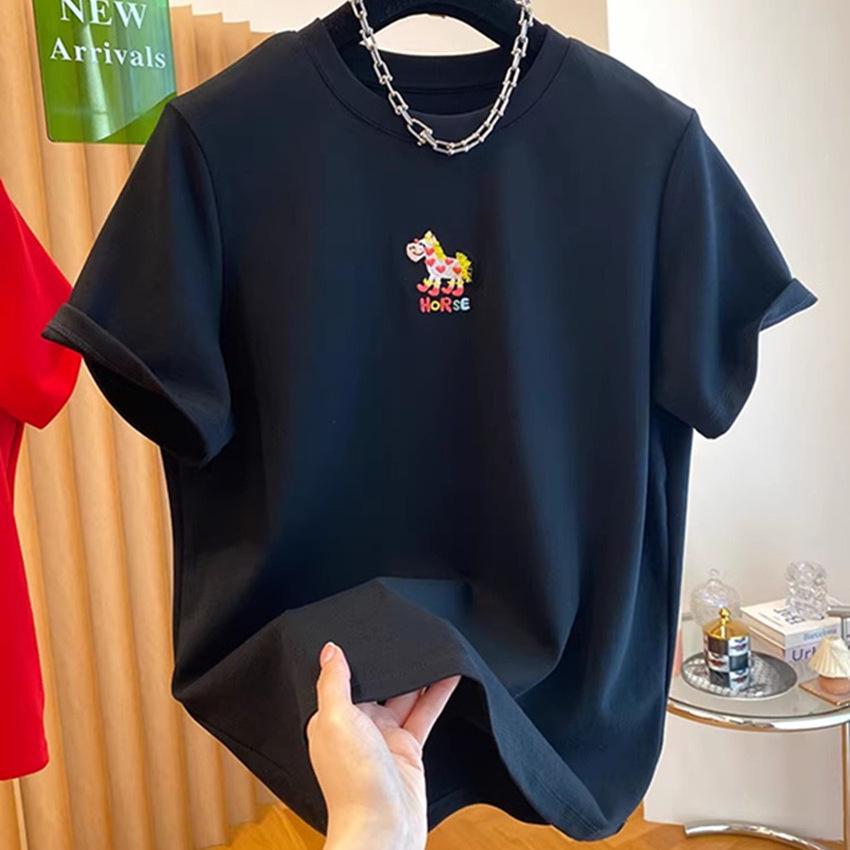 Women s Loose Fit Little Horse Print Cotton Tee, Short Sleeve, 2026 Style, Black. L