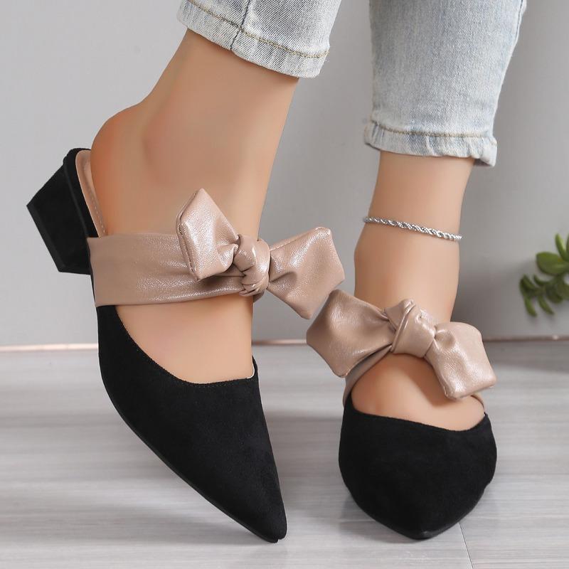 

Fashion Medium Heel Slippers Summer New Pointed Head Shallow Mouth Suede Butterfly Knot Anti-slip Wear-resistant Square Heel Shoes 42 чёрный