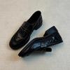 Cowhide Version~ Loafers Women's Genuine Leather Retro British Style Round Head Rivet Folds One Pedal Thick Heel Small Leather Shoes Women