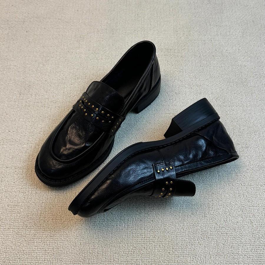 Cowhide Version~ Loafers Women's Genuine Leather Retro British Style Round Head Rivet Folds One Pedal Thick Heel Small Leather Shoes Women