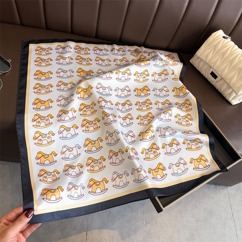 Korean Style Cute Trojan Printed Silk Feel Square Scarf For Women