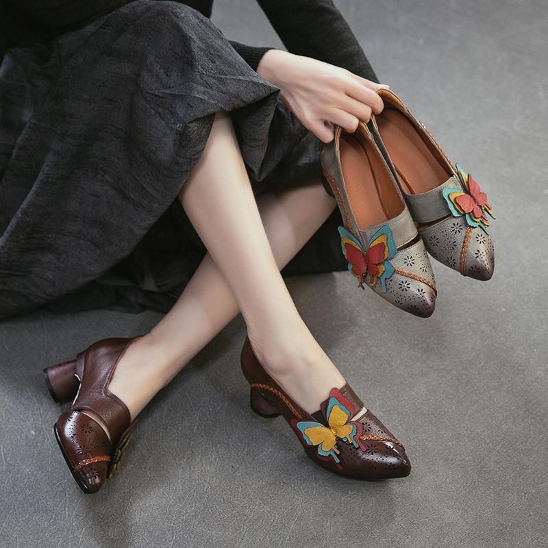 Johnature Retro High Heels Genuine Leather Shallow Commuter Versatile Women's Shoes