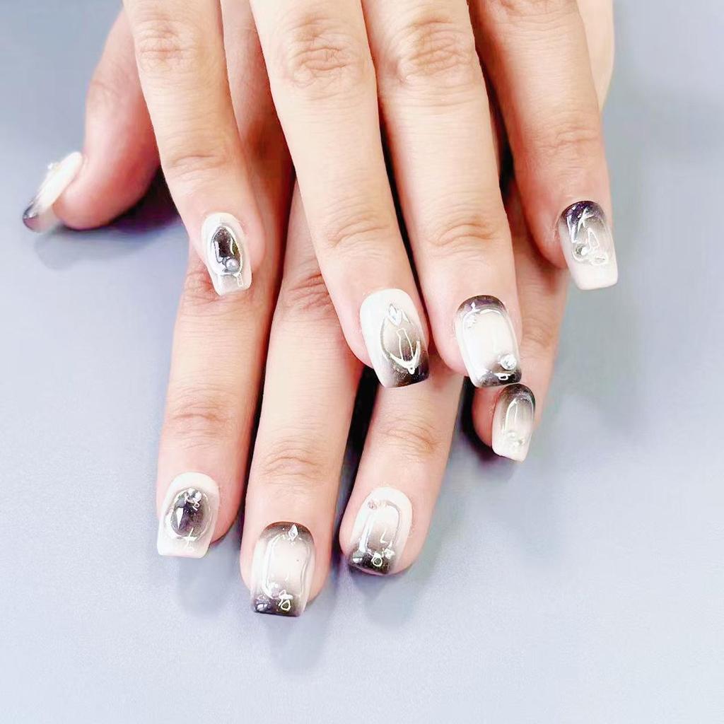 Handmade Black & White Short Style Chic Nails - Dark Elegant Look