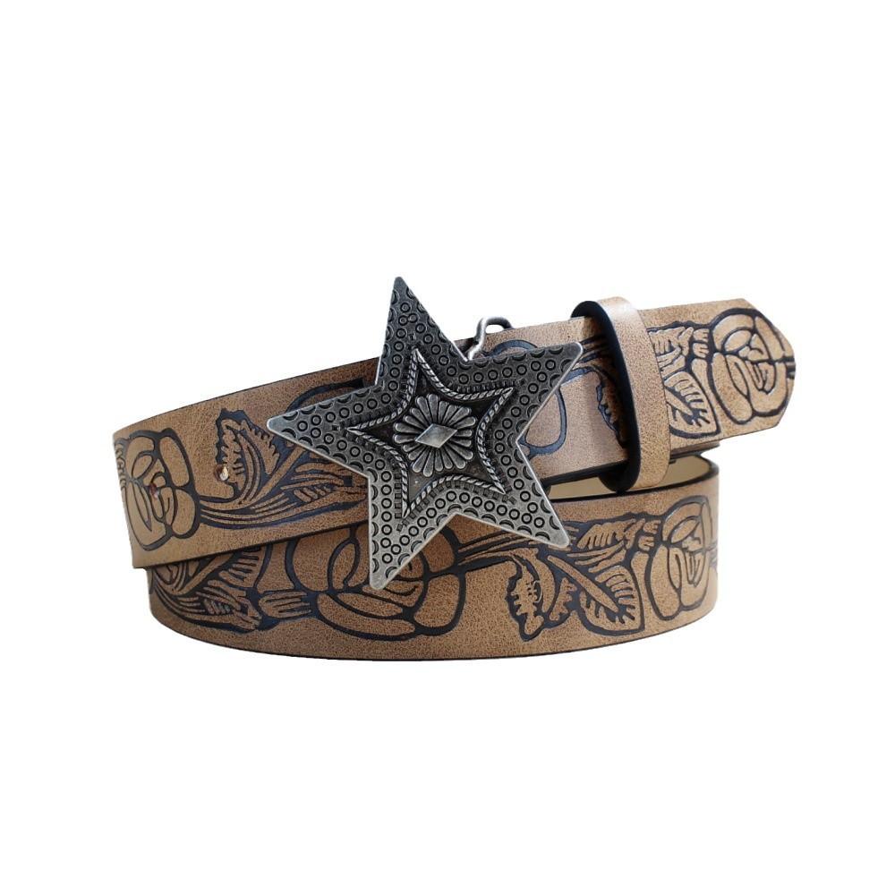 American Retro Western Style Star Embossing Old Belt Female, Niche Design Spice Girl Brown Belt