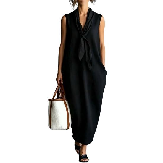 Tie Front V Neck Maxi Dress for Women Summer Sleeveless Loose Dress M чёрный