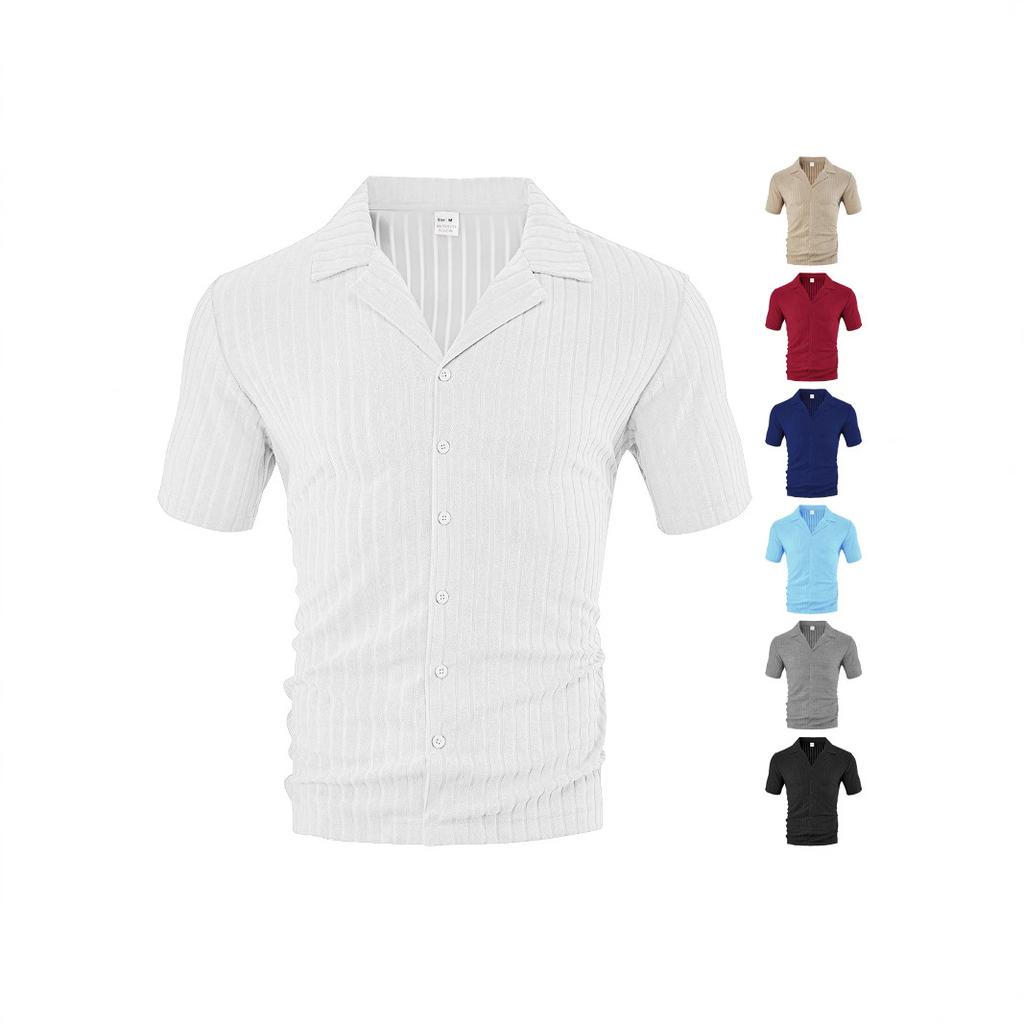 European Size Men's Clothing Summer Loose Casual Breathable Lapel Cardigan Solid Color Towel Jacquard Cloth Short-sleeved Men's Shirt