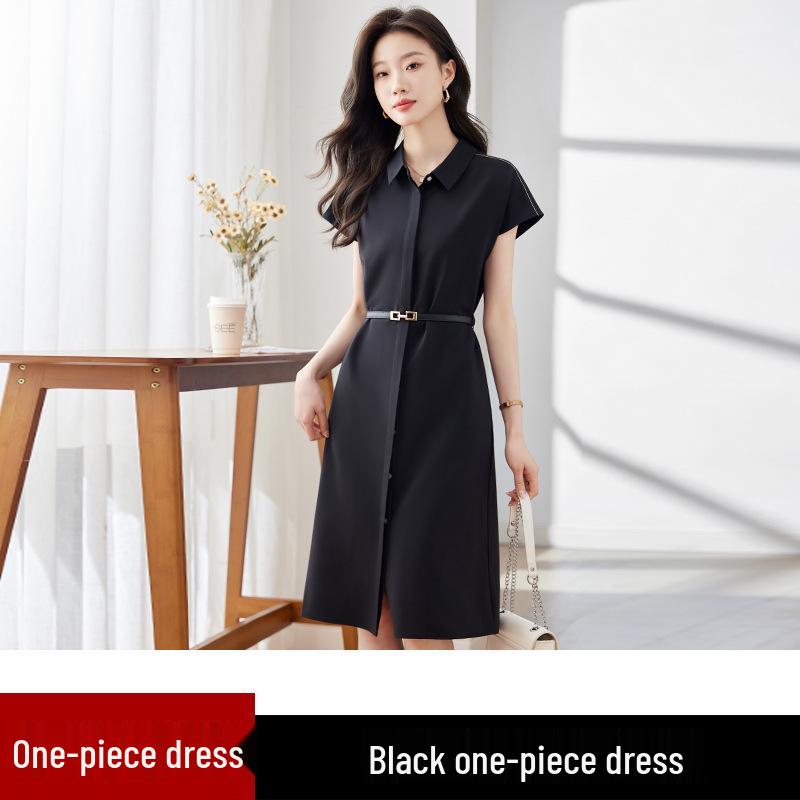 Women's Summer Polo Collar Shirt Dress - Waist-Slimming, Single-Breasted, Solid Color, Versatile, Mid-Length