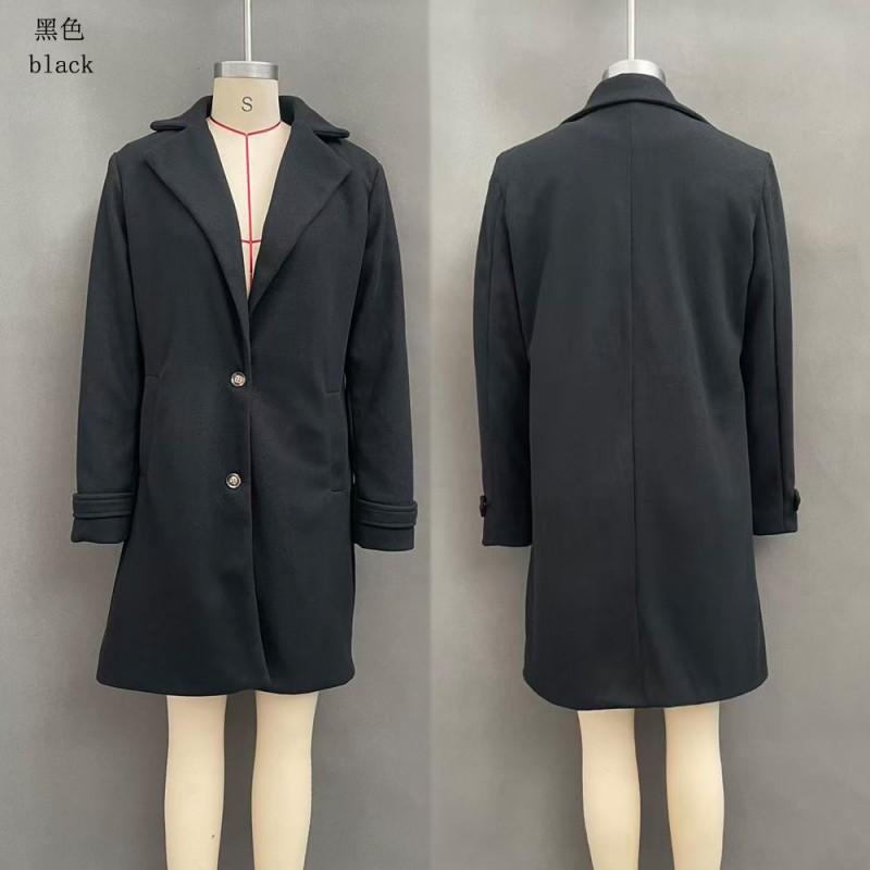 2026 Womens Vintage Casual Mid-Length Lapel Wool Blend Coat Solid Color Single-Breasted Outerwear