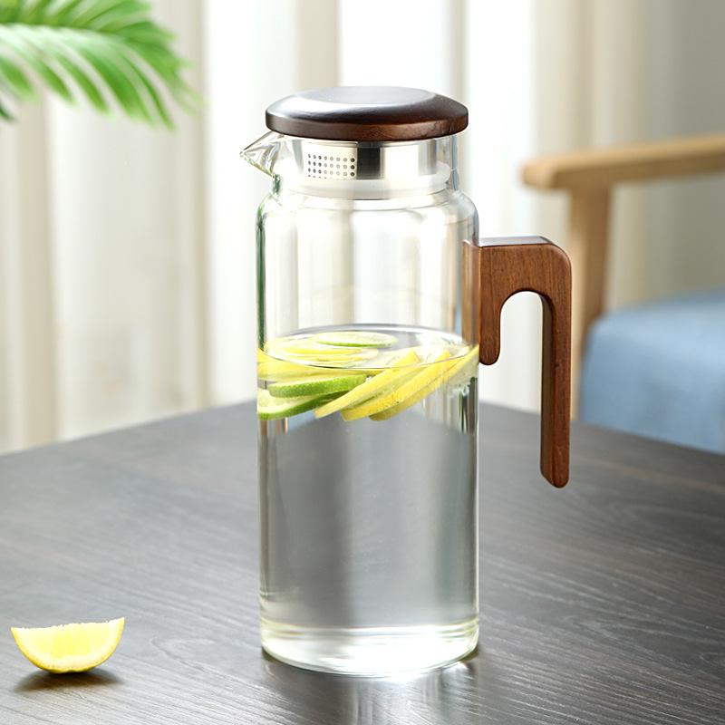 High Borosilicate Glass Wooden Handle Water Jug Heat Resistant Home Use Stylish Pitcher Set 1.5L