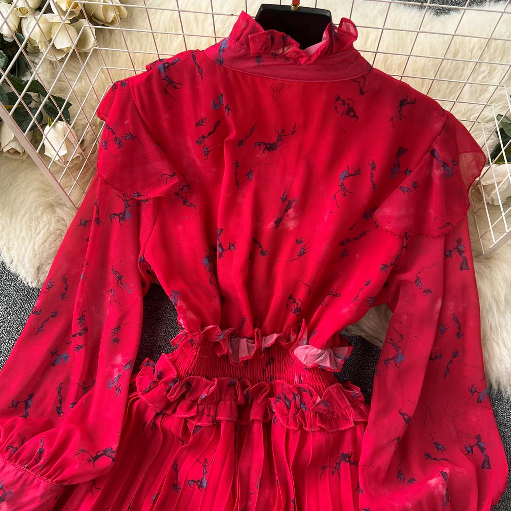 Autumn Women Vintage Printed Pleated Long Dress Female Red/Green/Blue/Yellow Draped Ruffle Single Breasted Maxi Robe Vacation Dresses