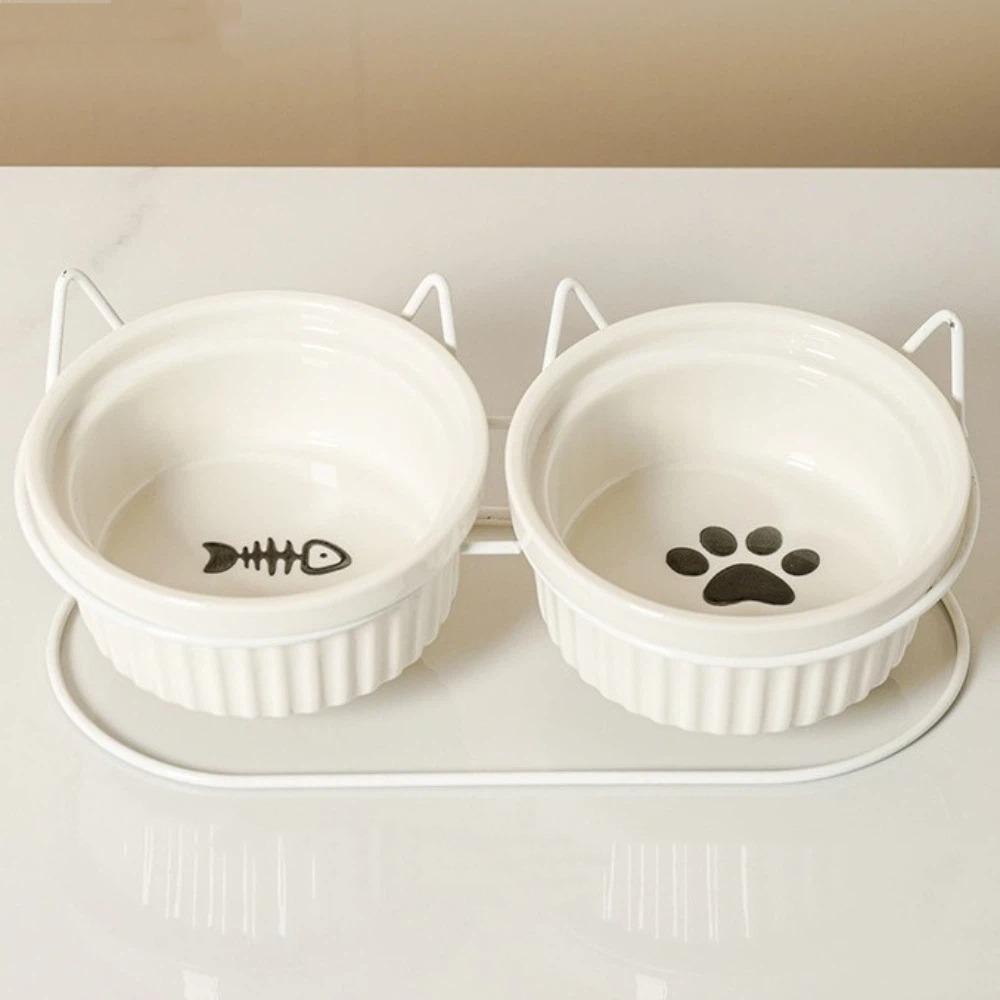 Non-Slip Ceramic Cat Bowls Iron Bracket Cat Water Bowls Elevated Cat Double Bowls  Dog Feeder